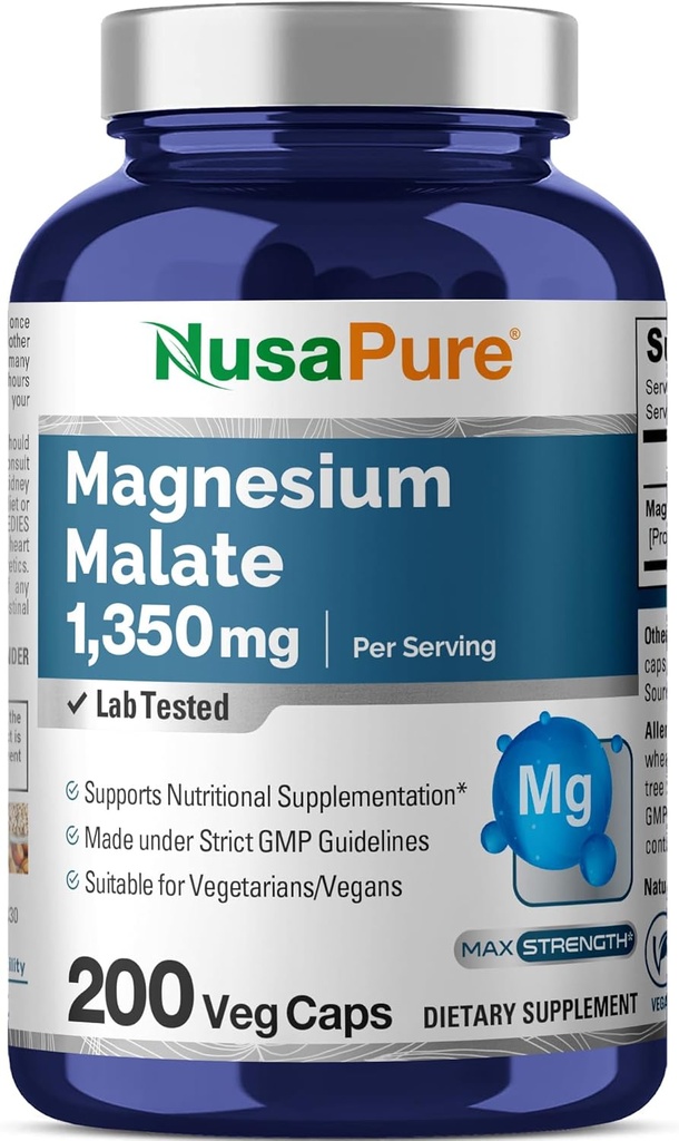 NusaPure Magnesium Malate 1350mg 200 Veggie Capsules (Vegan, Non-GMO, Vegan)
