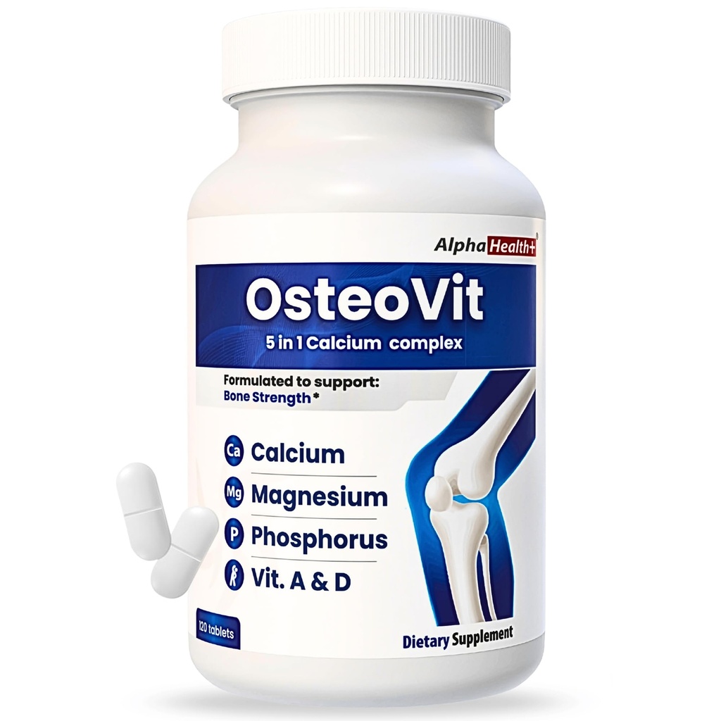 OsteoVit 5-in-1 Calcio 120 pestañas Multivitamina: Calcio, Magnesio, Fosforo, Vitamina D3 &amp; A - Bone Strength & Flexibility*, Non-GMO Gluten Free ← Suplemento Calcium para Hombres con Vitamina D