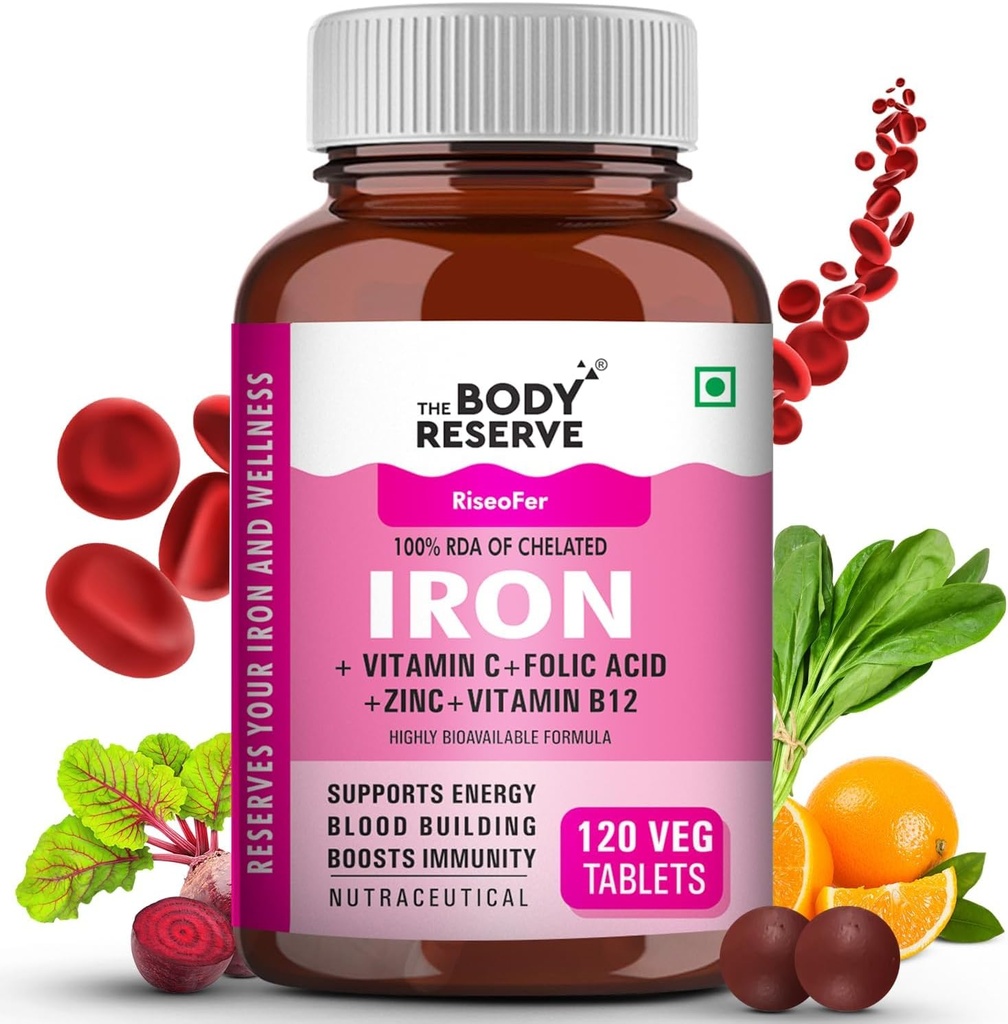 Iron Plus for Women (Plant Based, Chelated Iron, Folic Acid, VIT C, B12, B9, Spinach, Beetroot Extract) - High Absorption, Supports Blood Building, Energy &amp; Immunity, 100% RDA, 120 Tablet