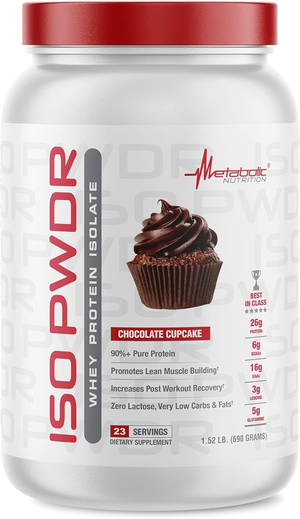 Nutrición metabólica Whey Protein Isolate ISO PWDR Chocolate Cupcake, 1.54lb, 23 Servings, 26g Protein, Fast Digesting, Zero Carbs, Delicious Flavor, Very Low Carbs & Fat, Zero Lactose