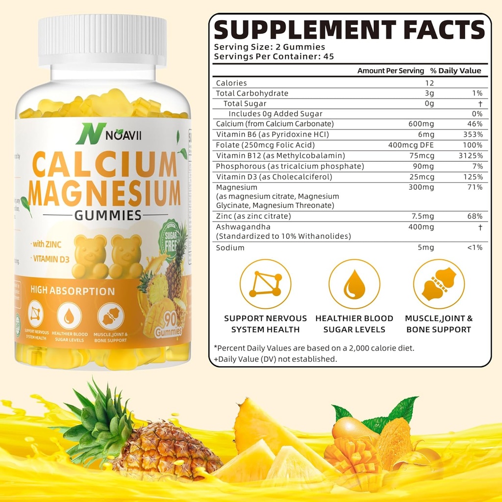 Calcio Magnesio Zinc Gummies con vitamina D3, ashwagandha Suplemento - Absorción mejorada de alta potencia - Pineapple Flavor-90 Conde