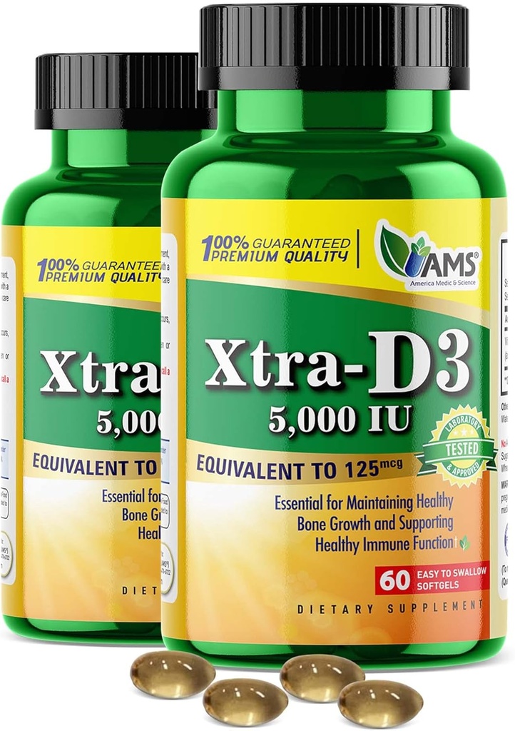 America Medic &amp; Science Xtra D3 Vitamina D 5,000 UI (125 mcg)Cholecalciferol Suplemento para Hombres &amp; Mujeres(120Easy to Swallow Softgels) 2pack permanenteBest for Bone,Heart Health,Inmune System Support,Lung Function