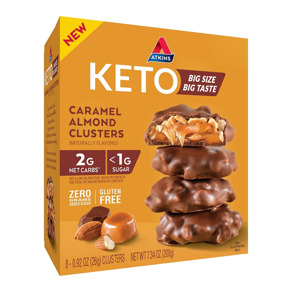 Atkins Caramel Almond Clusters, Gluten Free, High in Fiber, 1g Sugar, 2g Net Carb, Keto Friendly, 8 Conde