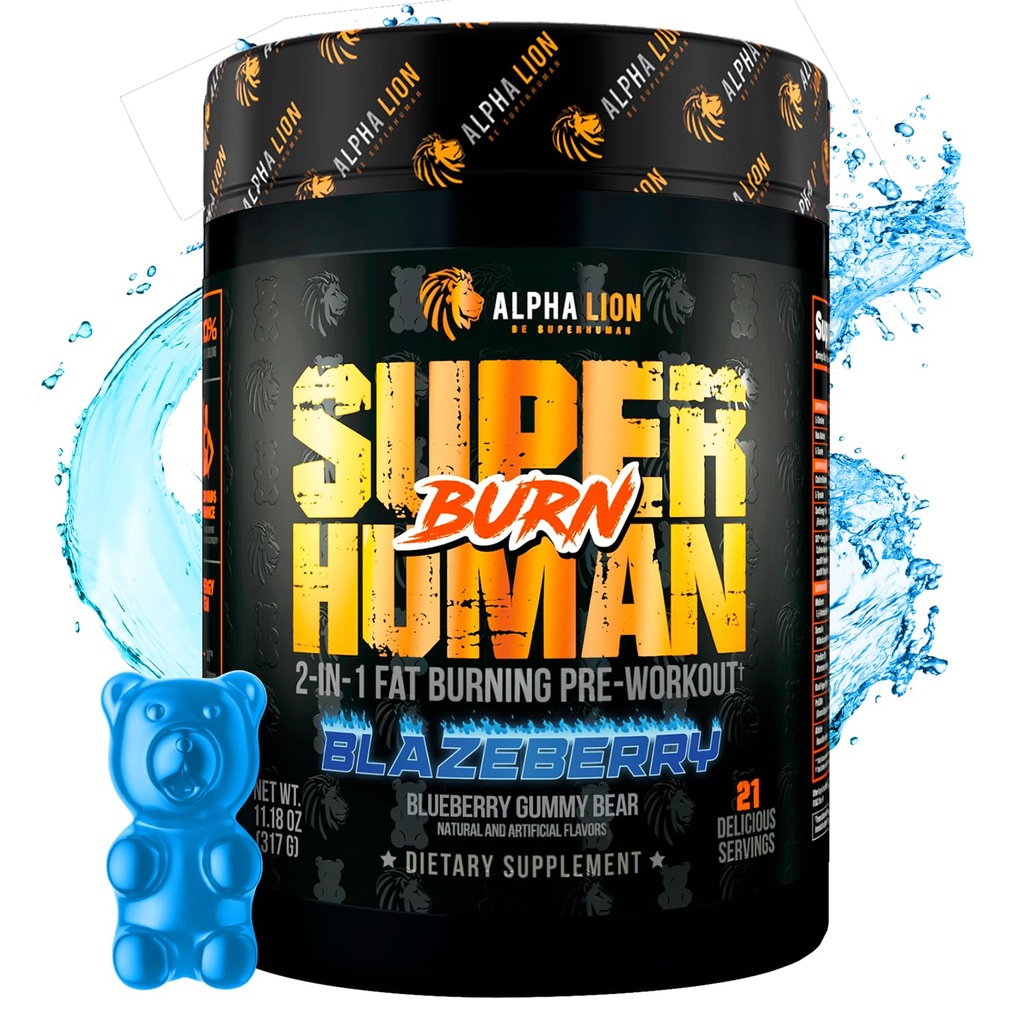 ALPHA LION Superhuman Burn – 2 en 1 Metabolismo Booster Pre Workout y Thermogenic Fat Burner para Hombre – Appetite Suppressant and Weight Loss Suplemento (21 Servings, Blue Gummy Bear Flavor)