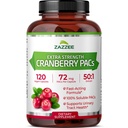 Zazzee Cranberry PACs, 72 mg PACs por cápsula, 2X Strength, 100% Soluble, 120 cápsulas Vegan, 50:1 Extracto, 18,200 mg Strength, Fast-Acting, Effective Urinary Tract Support, Made in The USA