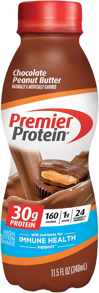 Premier Protein Shake, Chocolate Peanut Butter, 30g Protein, 1g Azúcar, 24 vitaminas &amp; minerales, Nutrientes para apoyar la salud inmunitaria, 11.5 Fl Oz