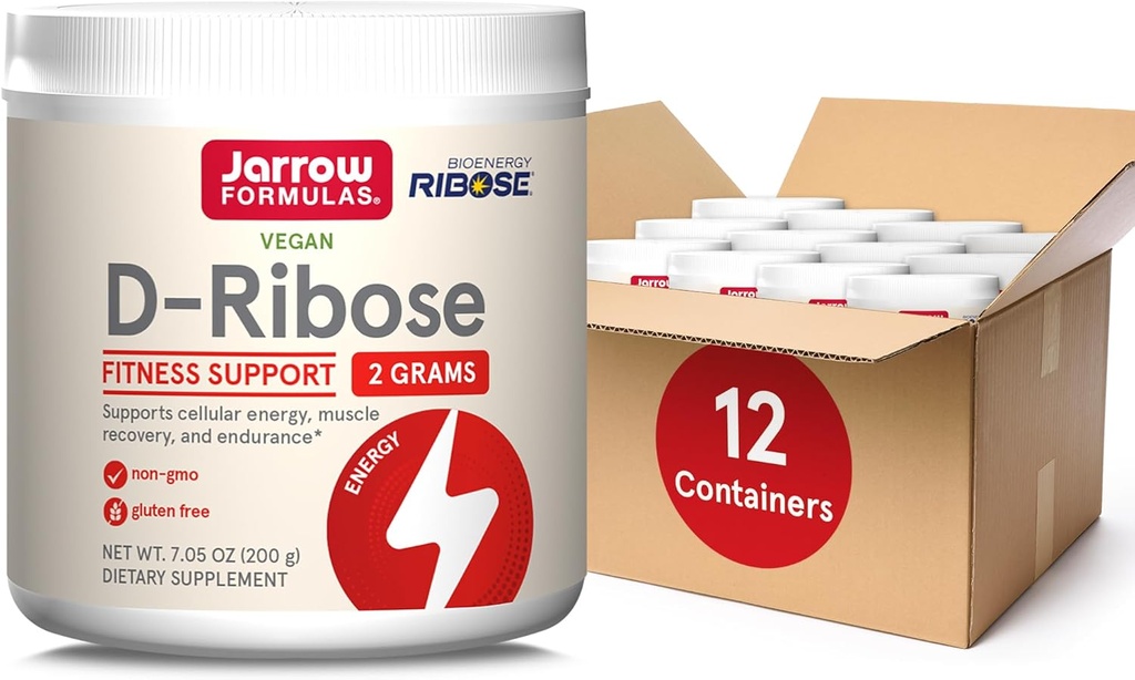 Fórmulas Jarrow D-Ribose Powder - 200g - Suplemento dietético Asistencias Muscle Recovery, Energy & Endurance - 100% Puro - Vegan - Non-GMO - Aprox. 90 Servimientos, Pack of 12