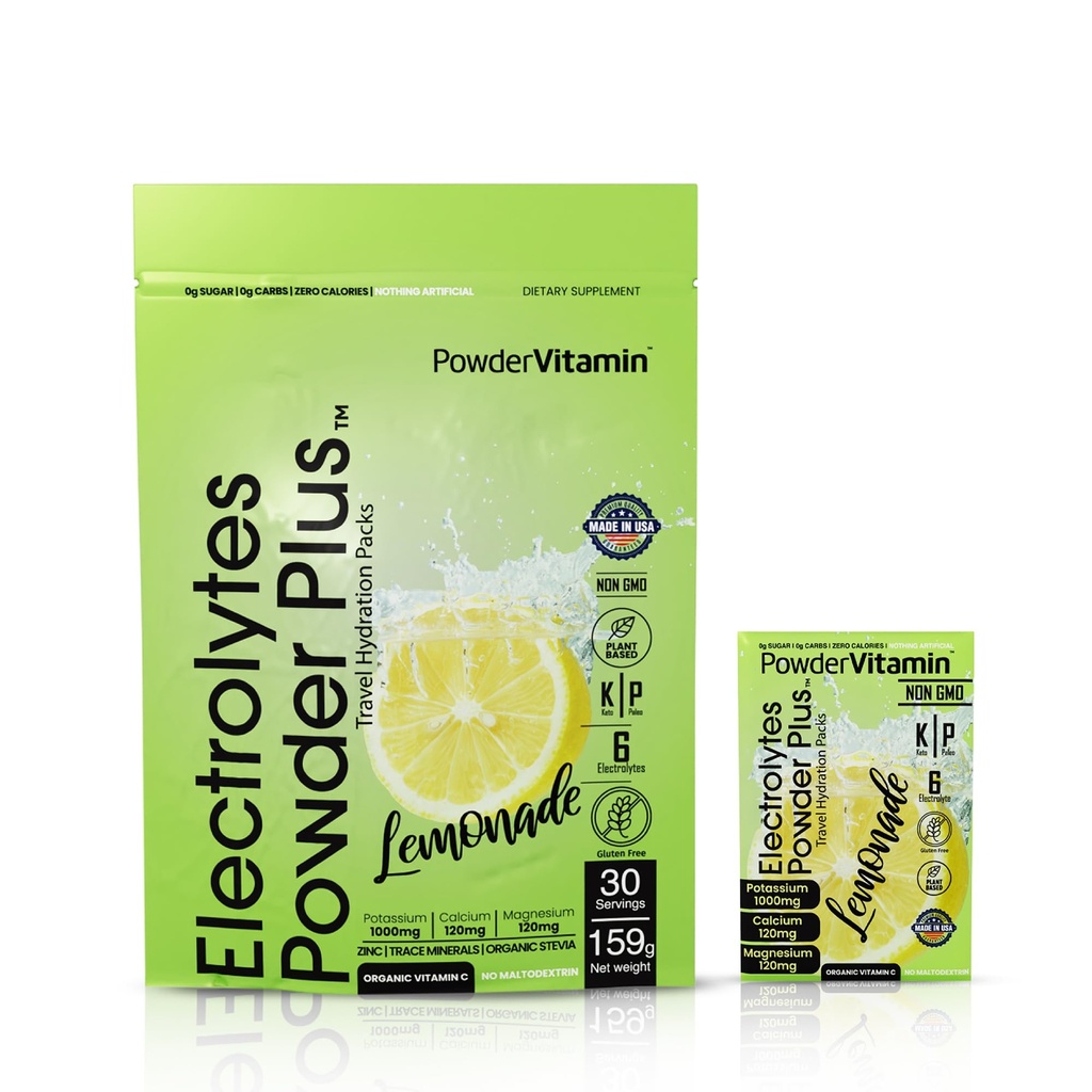 PowderVitamin Electrolytes Powder Plus, Keto, Lemonade, Zero Sugar, 1000mg Potasio, 120 mg de Calcio, 120 mg de Magnesio, Non-GMO, Zero Calories, 30 Paquetes de Hidratación