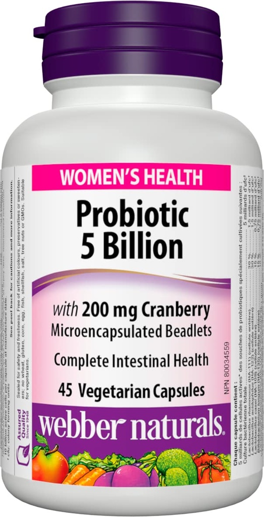 Probiótico multiprobiótico de mujeres Webber Naturals con arándano, 45 cápsulas
