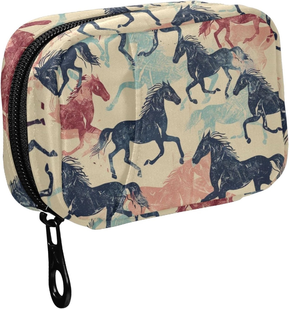 Fustylead Retro Colorful Running Horse Silhouette Pill Organizer for Purse, Weekly Portable Pill Box with Zipper to Storage Vitamins Fish Oils Medications Suplementos