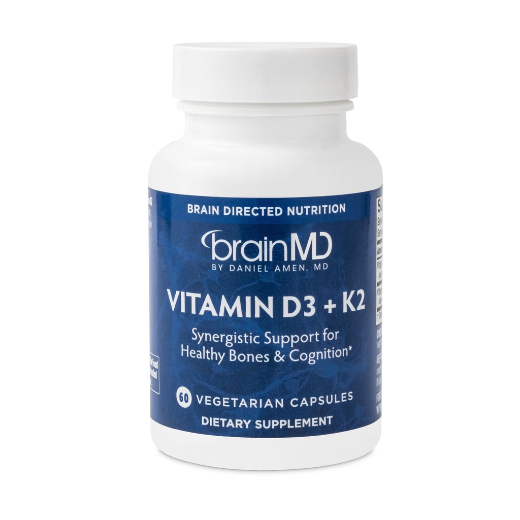 BRAINMD Vitamina D3 + K2-60 Cápsulas - Apoyo sinérgico para la Cognición de Huesos Saludables - Gluten Gratis - 60 Actuaciones
