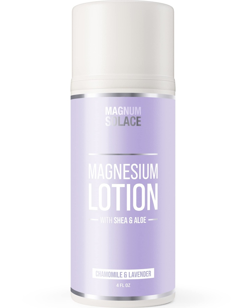 Magnum Solace Magnesium Lotion – Super Concentrated – Hecho con Aloe y Shea – Para los cáñamos de la pierna, las mezclas de musculos y rejuvenecimiento – Seguro para los niños, Hecho en los EE.UU. (Chamomile & Lavender)
