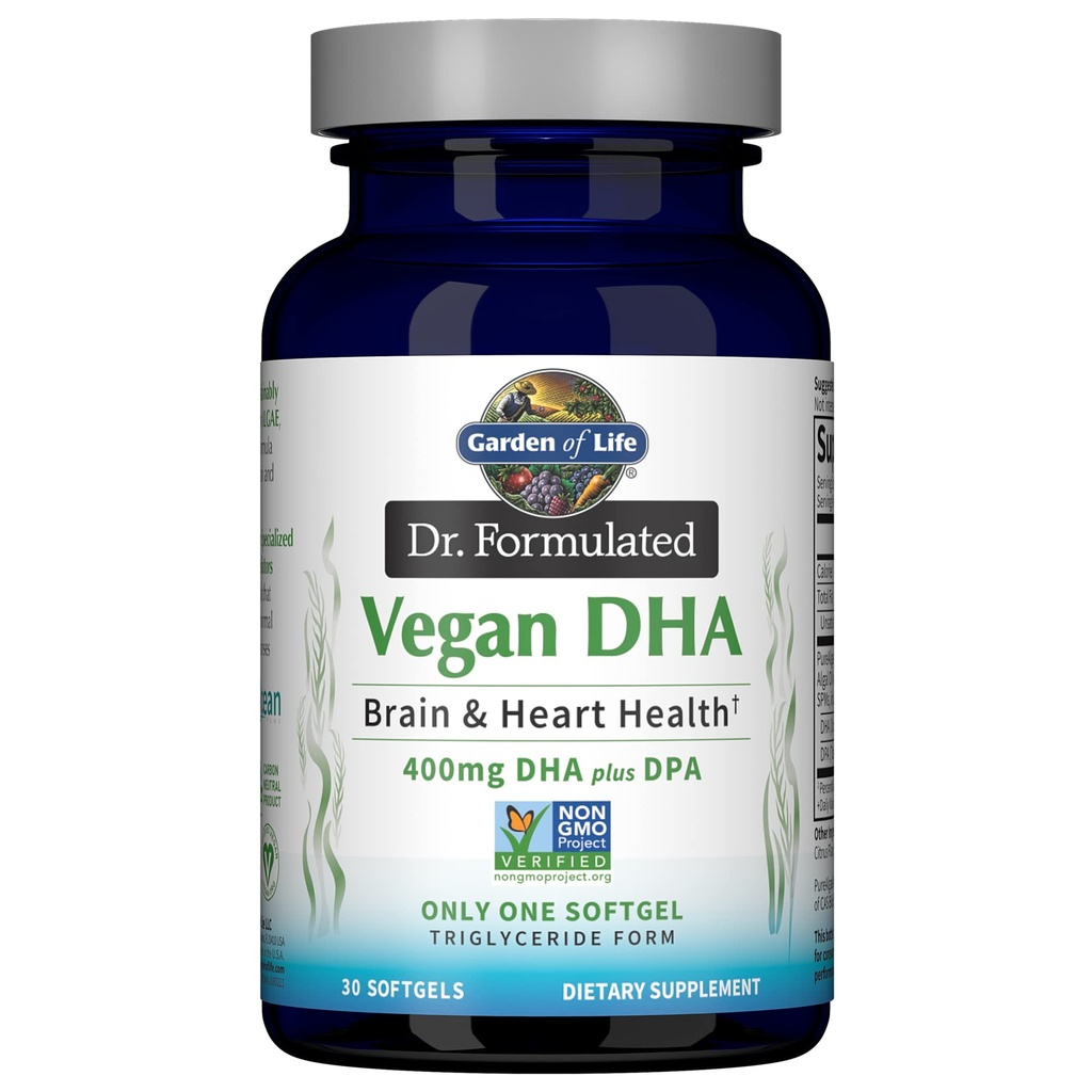Garden of Life Omega 3 Vegan DHA Suplementos Dr. Formulated Vegan DHA, 400mg DHA &amp; 90mg DPA en Triglyceride Forma de una Fuente Única, Omega 3 Suplemento para la Salud de Mujeres y Hombres, 30 Softgels