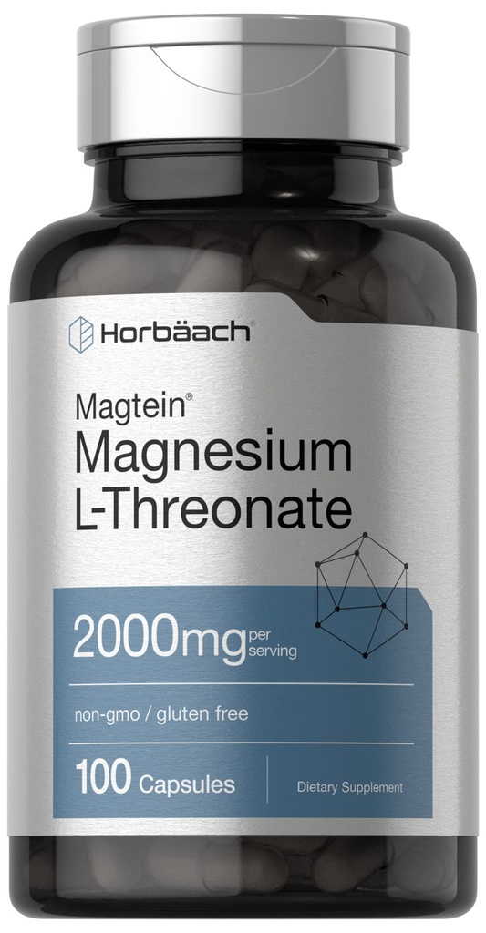 Horbäach Magtein Magnesium L-Threonate ← 2000mg Suplemento  100 Capsules Silencio para Hombres " Mujeres que viven sin gluten y sin gluten