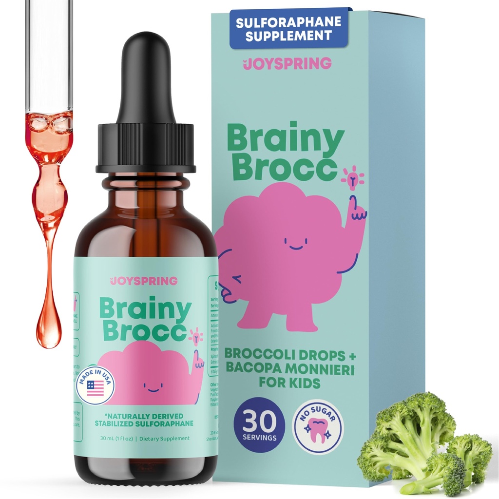 JoySpring Broccoli Suplemento para niños ← Sulforaphane " Bacopa Monnieri Drops " Apoyo a la función cognitiva viv Vegan " Kid-Friendly