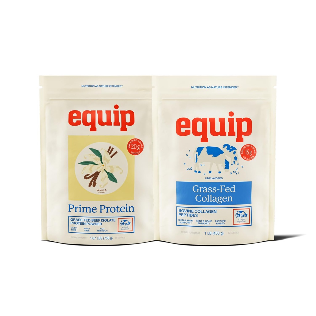 Equip Foods Prime Protein Powder Vanilla " Grass Fed Collagen Powder Unflavored