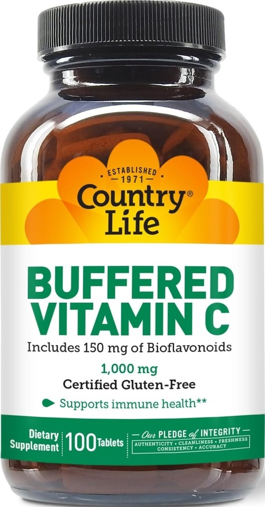Vida en el País Vitamina C 1000mg con Bioflavonoides, Calcio, Magnesio, Potasio - Apoyo Inmunitario, Capsules Veganos, Libre de gluten, Gentle on Stomach - 100 Tablets