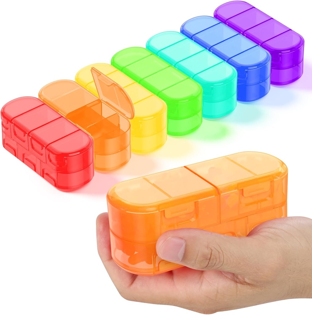 Paquete familiar semanal (7 días) Organizador de píldoras de viaje, 2/3/4 veces al día, doble diseño de apertura, caja de píldoras portátiles para almacenar medicamentos / vitaminas / aceites de frutas (7 rejillas variables arco iris)