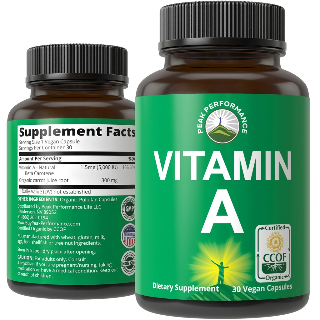 Vitamina Orgánica Certificada A 5000 UI Suplemento capsula vitaminas de alta potencia. para adultos, hombres, mujeres, niños. Hecho con Jugo de Carrota Orgánica. Genial para Immune, Skin, Eye Support. Non GMO, Vegan Pills