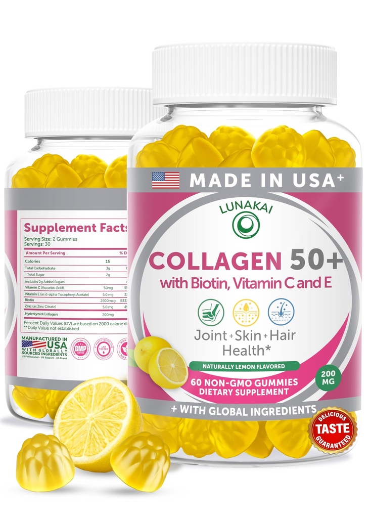 Lunakai EE.UU. Fabricado Collagen Gummies for Women &amp; Men Más de 50, Biotin & Vitamina C, Soporta Elasticidad de la piel, Pelo &amp; Nail Strength, Soporte conjunto, 60ct