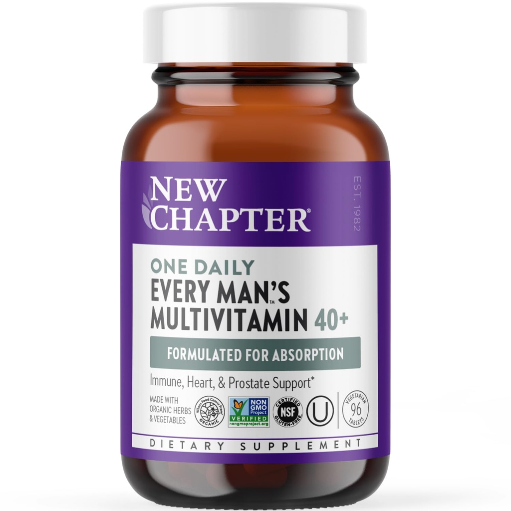 New Chapter Men’s Multivitamin 40+, Extra B6 & B12, D3, Vitamin C & Zinc, Immune, Heart, Cellular Energy, and Brain Health, Gentle on The Stomach, One Daily, Non-GMO, Gluten-Free, 96 Tablets