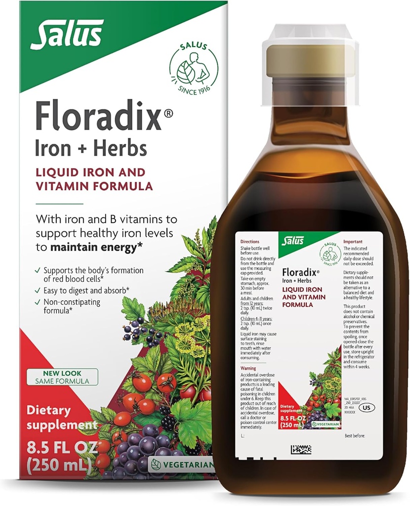 Floradix por Salus Iron & Herbs - Suplemento de hierbas líquidos para el apoyo energético* - Suplemento de hierro con complejo de vitamina C & B Vitaminas - para hombres & mujeres - 8,5 Fl Oz