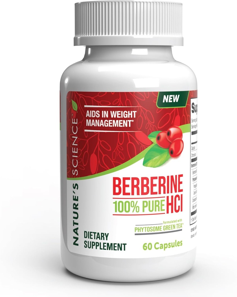 Ciencia de la Naturaleza HCL bereberina con Phytosome Green Tea for Weight Management, 100% Pure Clinical Grade HCL for Better Absorption - Helps Metabolism, Keeps Full for Longer - 60 Caps