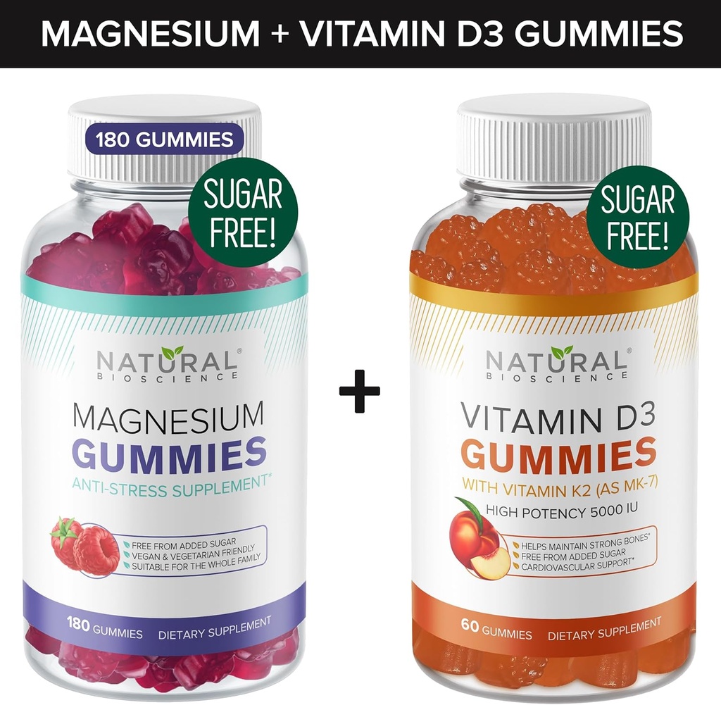 Gummies de Magnesio Libre de Azúcar (180 Gummies) " Gummies de Vitamina D Libre de Azúcar (60 Gummies) – Apoyo Inmunitario " Relajación Gancho de valor, libre de gelatina, libre de gluten, vegetariano, todo natural, libre de transgénicos, Kosher