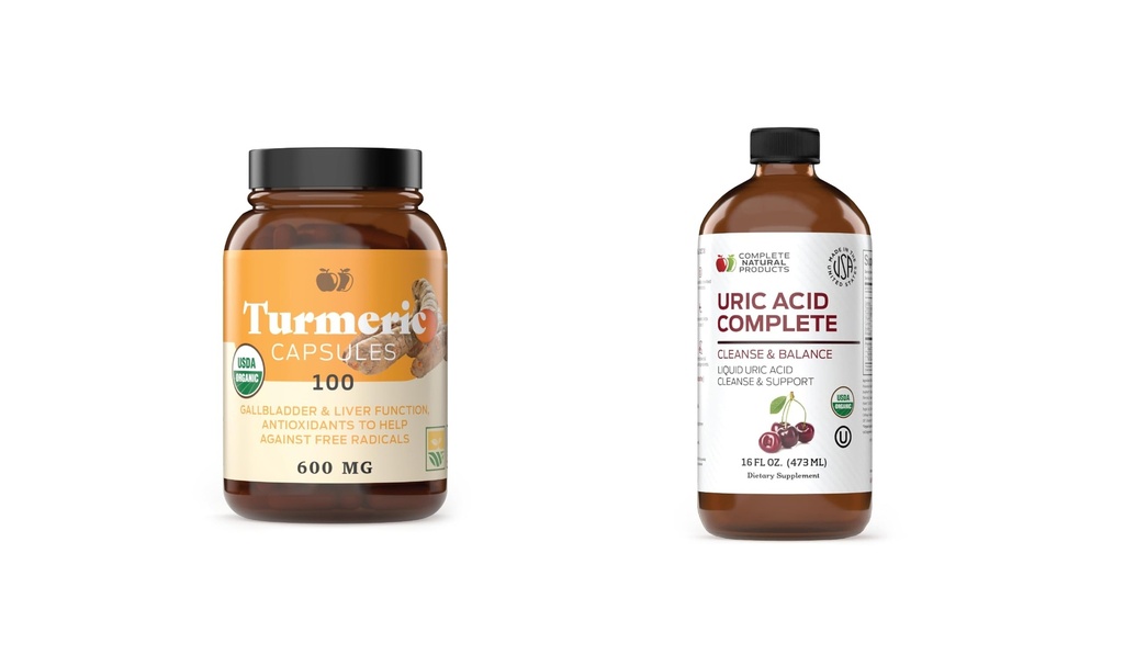Productos naturales completos Turmeric 100 capsules &amp; Uric Acid Complete 16oz Bundle
