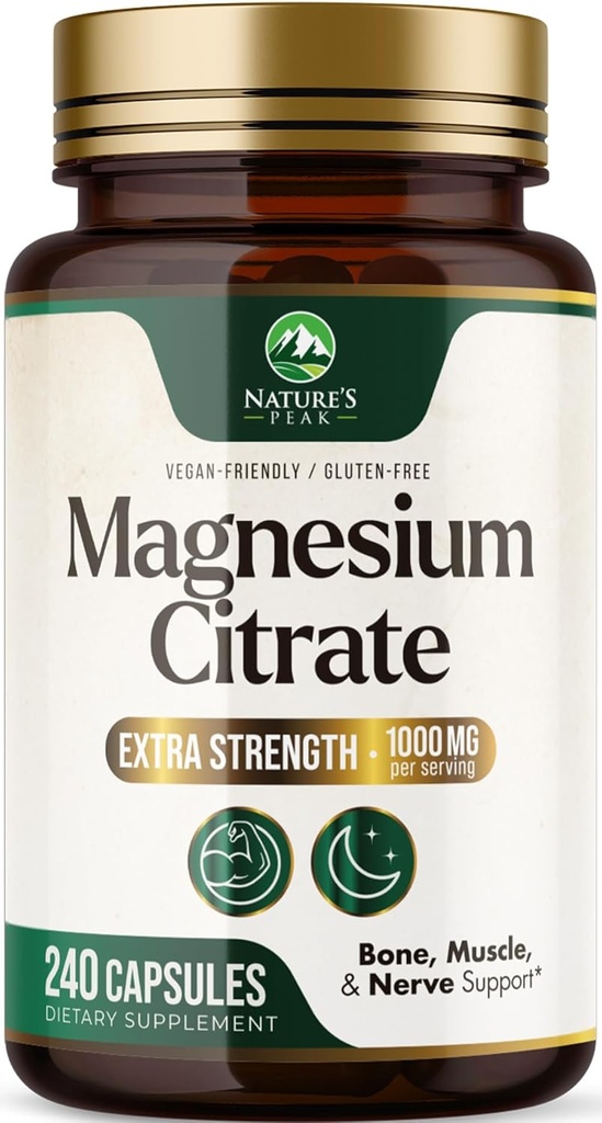 Citrato de magnesio 1000mg - Suplemento de Magnesio de alta absorción Soportes Muscle, Bone, Nerve & Heart Health - Extra Strength Magnesio Complex Pills - Non-GMO, Premium Energy Formula - 240 cápsulas