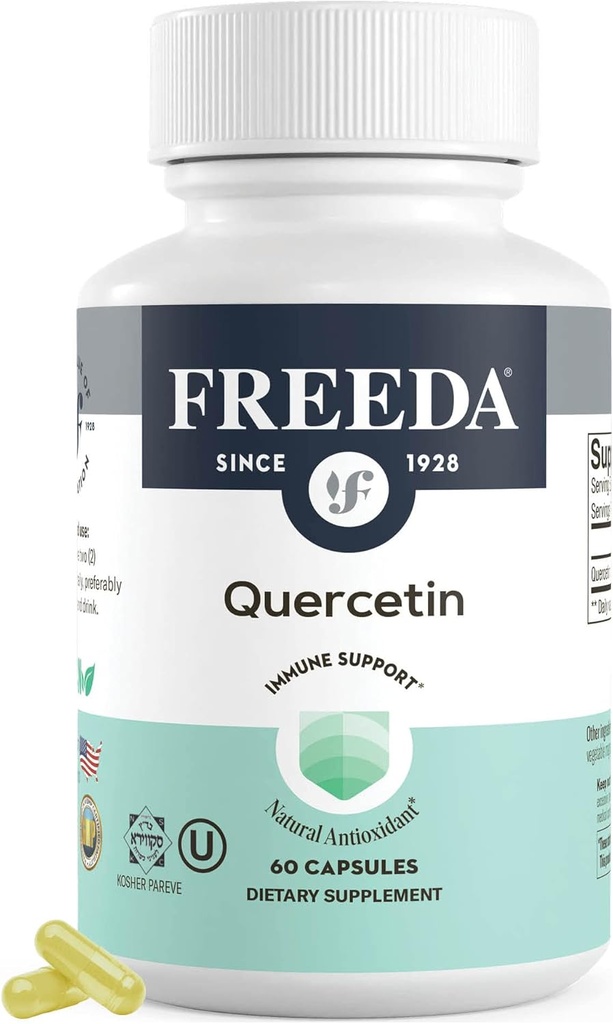 FREEDA Quercetin 500mg - Suplemento Puro de Quercetina para Histamina &amp; Apoyo Inmunitario, Salud del Corazón &amp; Beneficios Antioxidantes - Gluten Free, Vegan Health Supplement for Adults Kosher Certified (60 cápsulas)