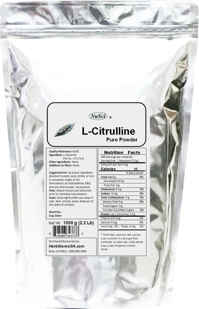 L-Citrulline 1000g (2.2 lb, 35.2 oz) Pure Powder, Nitric Oxide, AJI92 Quality Standard.