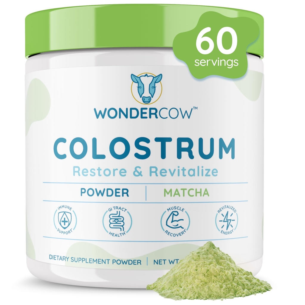 WONDERCOW Colostrum Supplement Powder for Gut Health, Immune Support, Muscle Recovery & Wellness ← Natural IgG Puro Bovine Colostrum Superfood, Matcha, 60 Servings