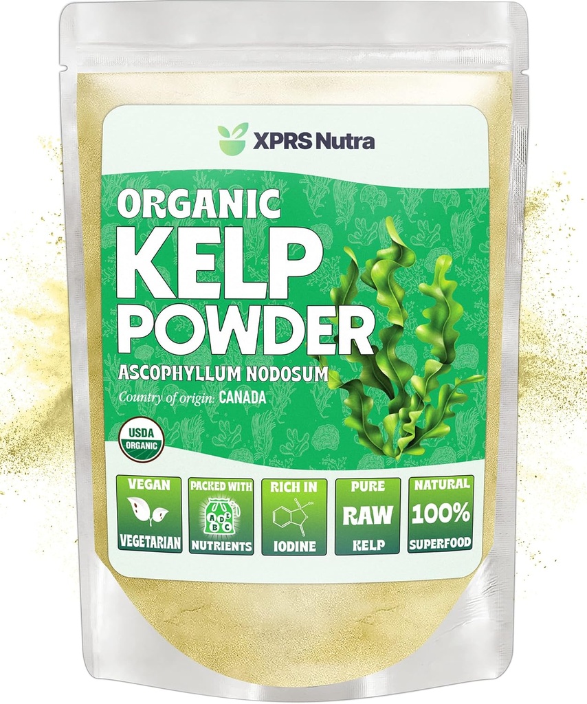 XPRS Nutra Organic Kelp Powder (Ascophyllum Nodosum) - Seaweed Powder Rich in Iodine, Immune Vitamins and Minerals - Food Grade Sea Kelp Suplemento Vegan Superfood para el cuidado de la piel (4 oz)