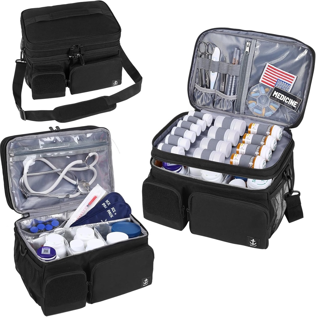 Bolso de Medicina de Capas Dobles con Organizador de Botellas de Compartimiento Aislante con Cierre Bloqueable,Organizador de Medicina Travel con Correas de hombro suave para Botellas de Píldoras, Suministros Médicos