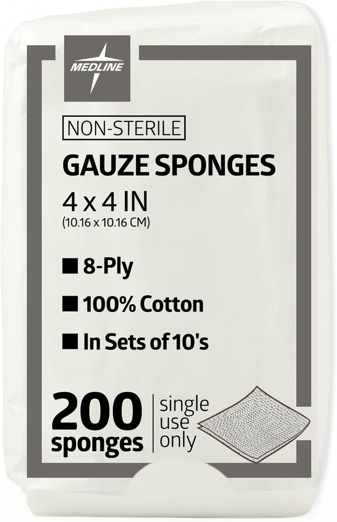 Medline 4 x 4 pulgadas Esponjas de Gauze, 100% algodón, 8-Ply Gauze no estéril (Pack de 200)