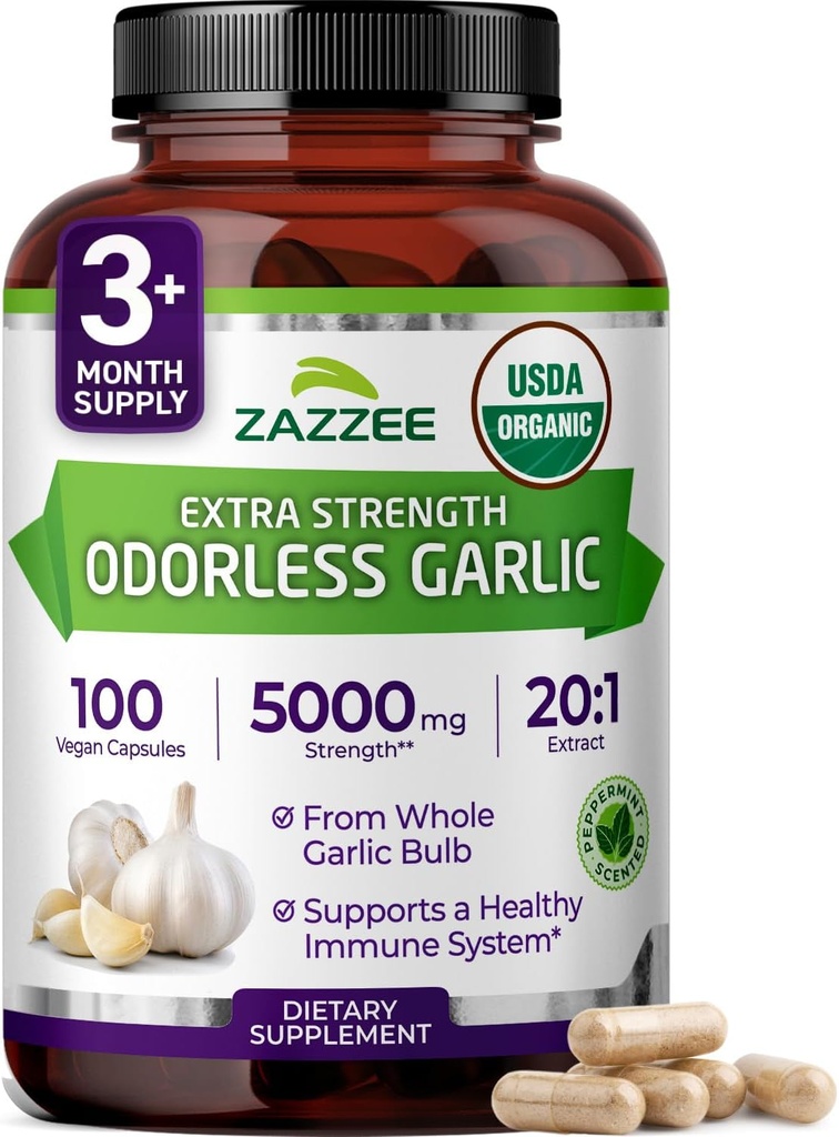 Zazzee USDA Ajo orgánico sin olor 20:1 Extracto, 5000 mg Fuerza, 100 cápsulas vegas, 3+ Mes de suministro, Standardizado, Concentrado 20X Extracto, 100% Vegetariano, Todo natural, No GMO, Hecho en los EE.UU.