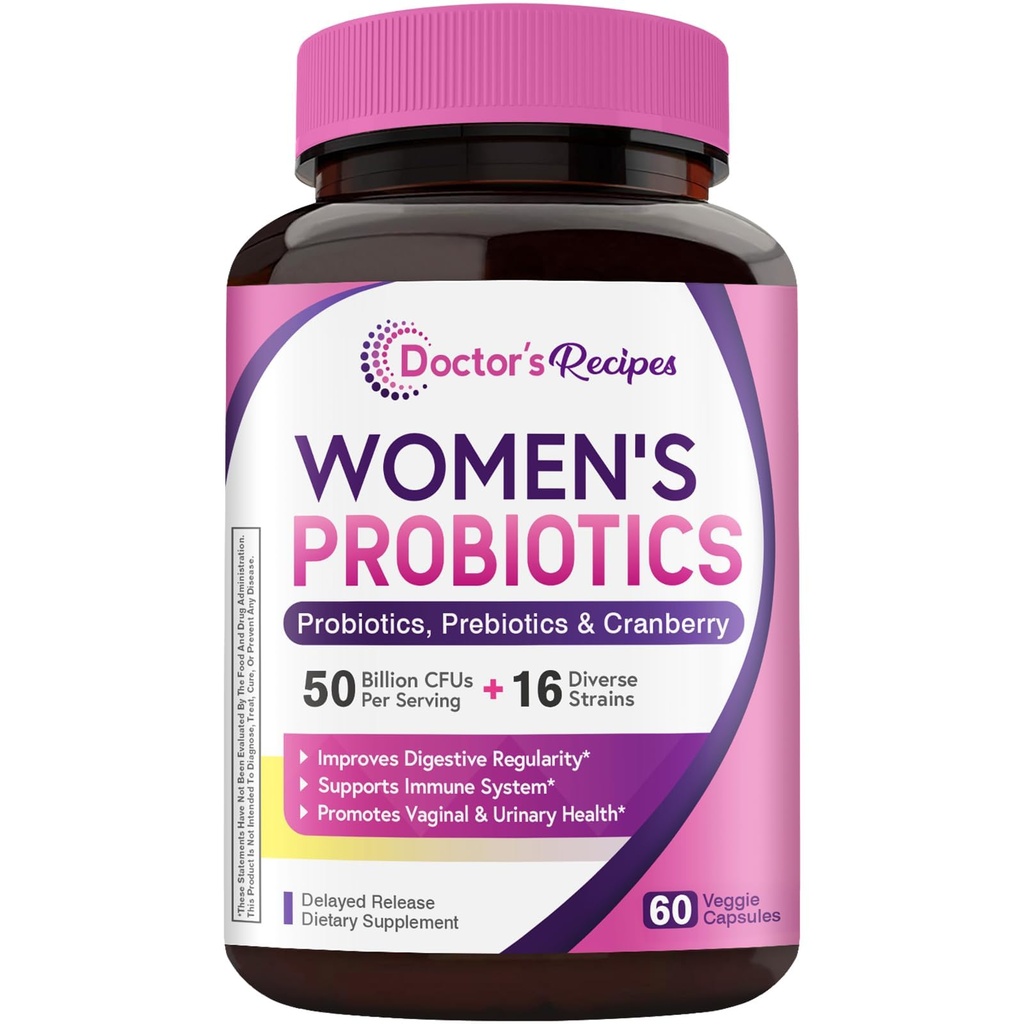 Recetas del doctor Probiótico de Mujeres, 60 Caps 50 Billion CFU 16 Strains, con Arándano Orgánico, Vaginal de Inmune Digestivo &amp; Salud orina, Estable de Estante, Delayed Release, No Soy Gluten Dairy