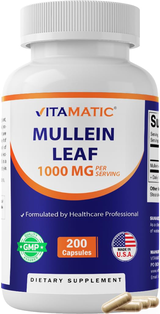 Hoja de Mullein Vitamática 1000mg por Serving - Soportes Respiratorio Saludable, Función Bronchial &amp; Inmune - 200 cápsulas