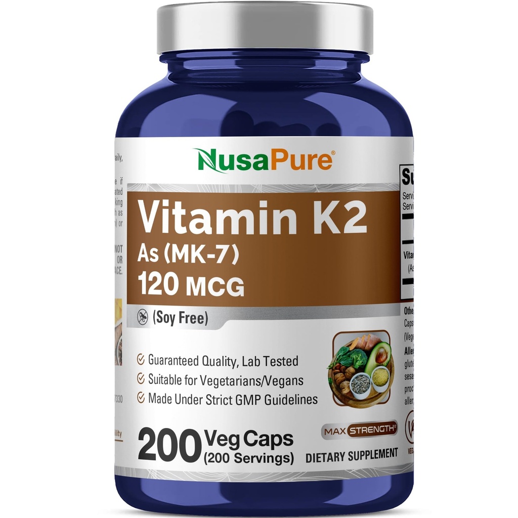 NusaPure Vitamina K2 MK7 120 mcg 200 Veggie Caps (Soy Free, Non-GMO, Vegan)