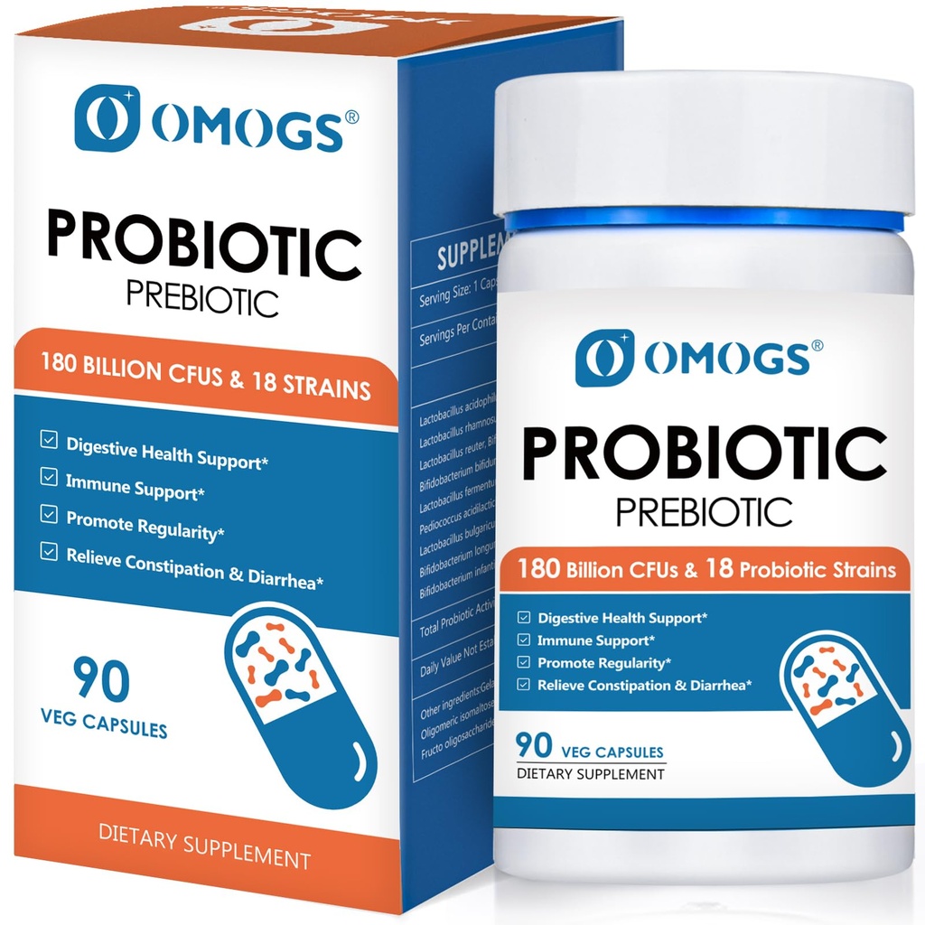 Probióticos OMOGS 120 Billones CFUs 18 Strains, 3 Prebióticos & Enzymes Digestivos, Ayuda Digestivo, Salud Gut, Immune, apoya el estreñimiento ocasional, Diarrea & Gas - para Hombres, 60 cápsulas