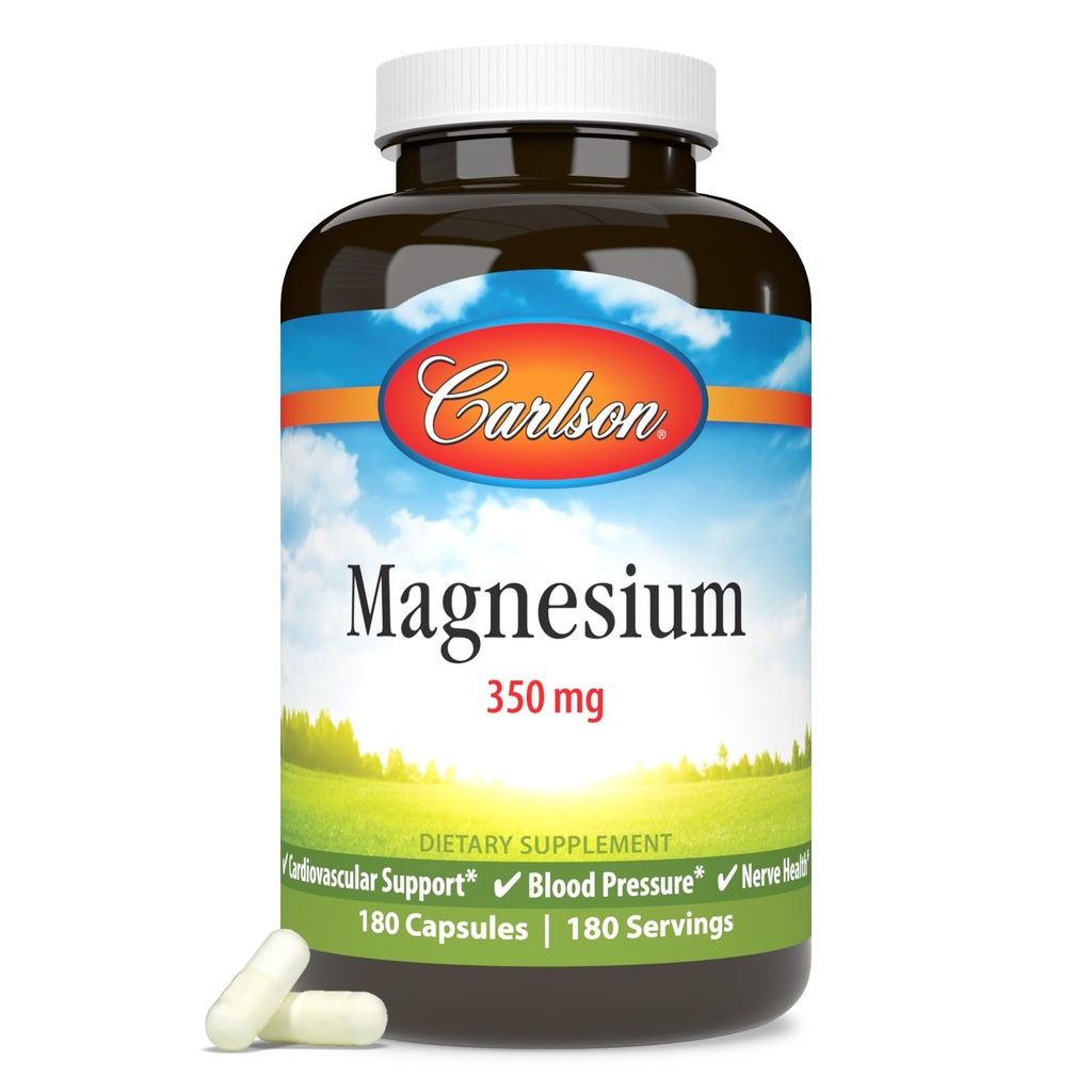 Carlson - Magnesio, 350 mg, Cardiovascular Support, Función muscular & Nerve Health, 180 cápsulas