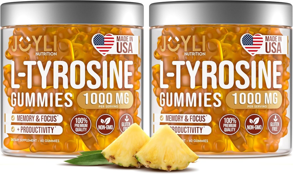 2 Pack - JOYLI L-Tyrosine Gummies 1000MG – Suplemento de Focus Vegan Libre de Azúcar & Mood Support Gummies for Kids & Adults – 500mg Por Gummy – Sleep Gummies for Memory, Energy & Wellness – 60 Pcs per Pack