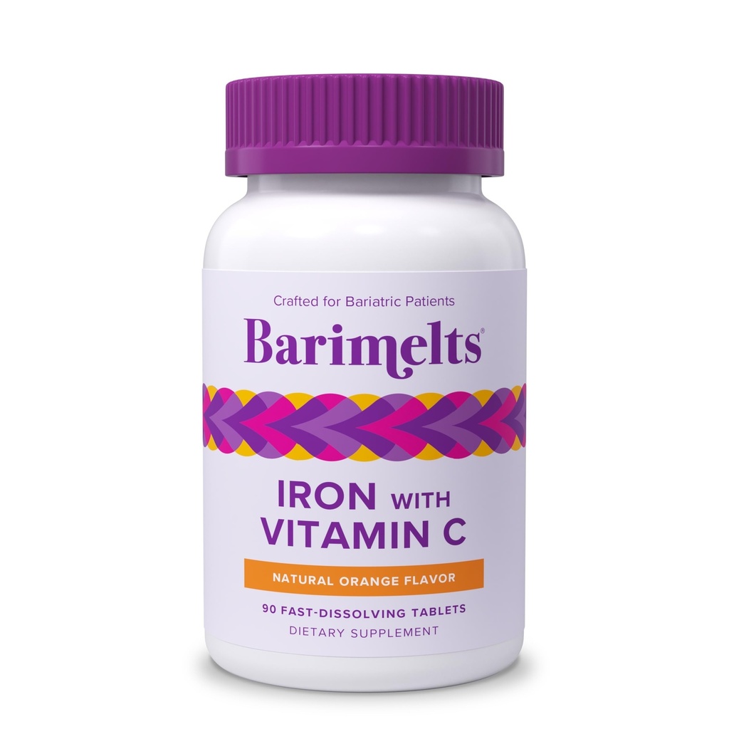 Barimelts Hierro con Vitamina C, 90 Tablas de resolución rápida (1-Mes), Suplemento de Hierro Bariat libre de azúcar para Mujeres, Sabor Naranja Natural