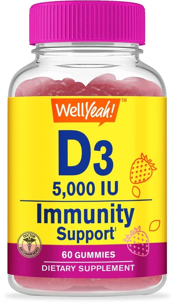 BuenoSí Vitamina D3 5000 UI (125 mcg) Extra Strenght Gummies -para la salud ósea, Booster inmune, bonificación y dientes Soporte -No GMO, Gluten Free, Nut Free, Vegetarian -Strawberry Flavor -60 Gummies
