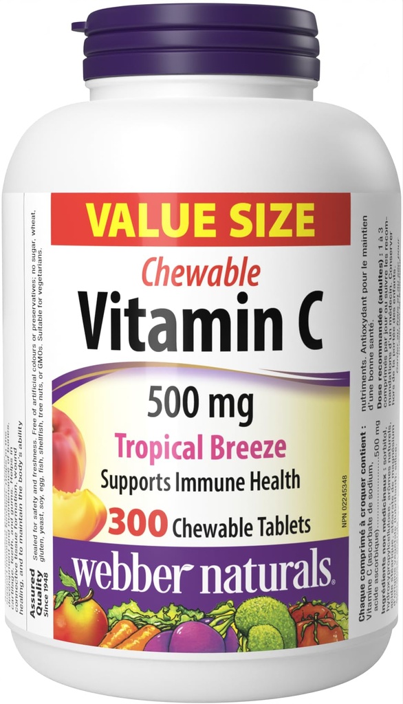 Webber Naturals Vitamina C, 300 Chewable Tropical Breeze Flavor Tablets, 500 mg de Vitamina C Por Tablet, Huesos, Dientes, Immune y Antioxidante Support, Non GMO, Dairy & Gluten Free