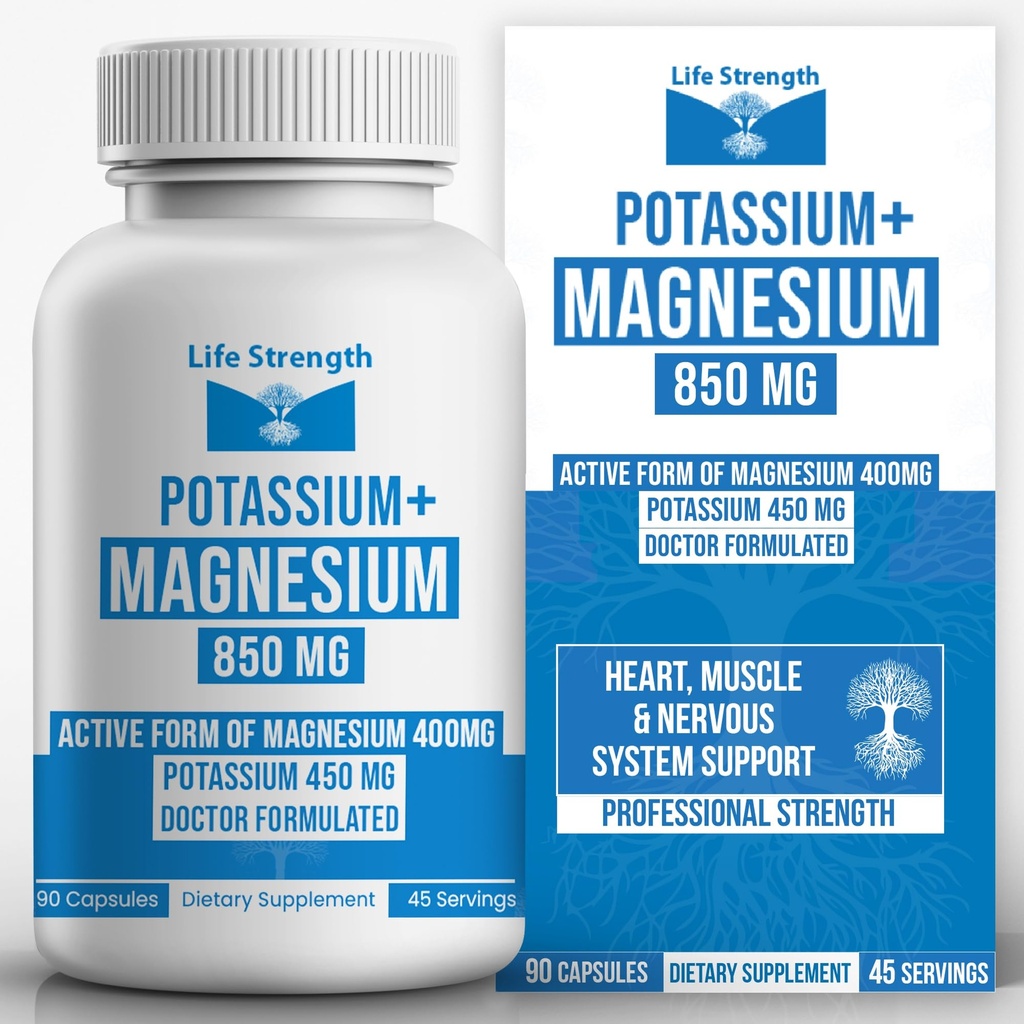 Life Strength Magnesium Potassium Complex Suplemento - 90 cápsulas - High Absorption Magnesium Support Vascular Health &amp; Leg Cramp