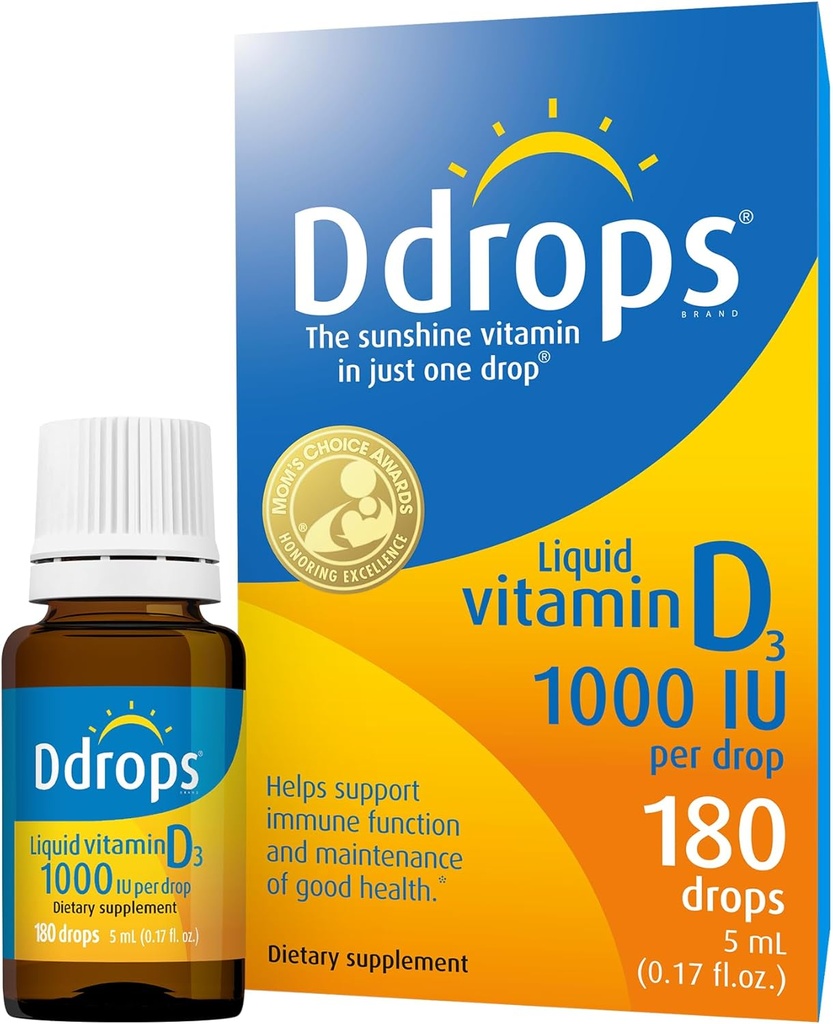 Ddrops Adultos 1000 UI 180 gotas, Vitamina Líquida D. Admite Huesos Fuertes & Sistema Inmunitario. Sin grandes cápsulas, sin conservantes, sin GMO, Alergía-Amigo