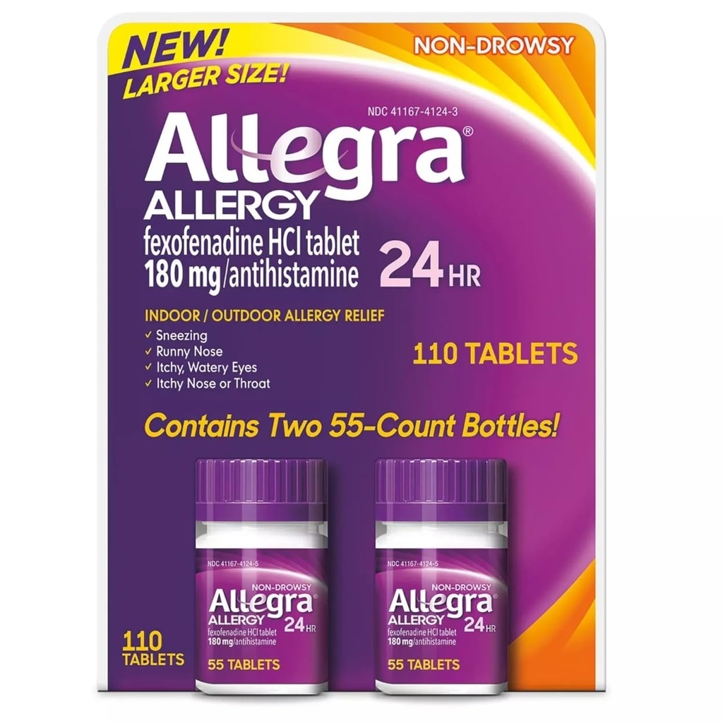 Allegra 24 horas Indoor y Alivio de Alergia al aire libre 180mg 55 Tabletas, Pack de 2 (110 ct.)
