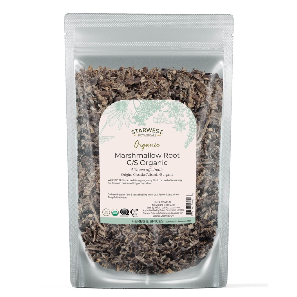 Starwest Botanicals Organic Marshmallow Root - Dried Herb for Tea, Loose Leaf Root Herb, Cut " Sifted, Certified Kosher, Non-GMO - 4 oz Pouch